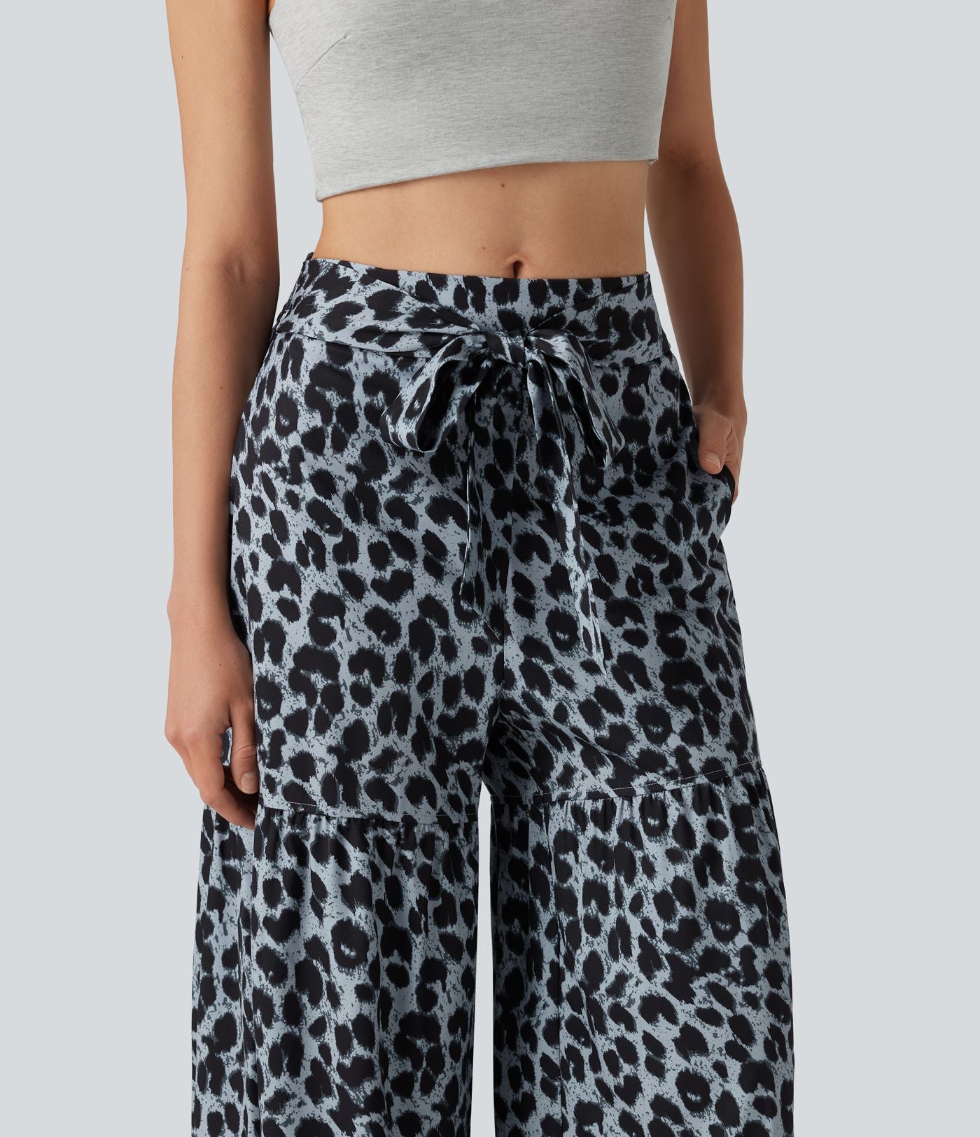 Pantalon ample décontracté taille mi-haute avec nœud devant imprimé léopard avec poches