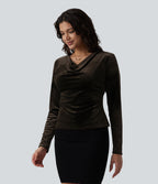Top velours col drapé manches longues