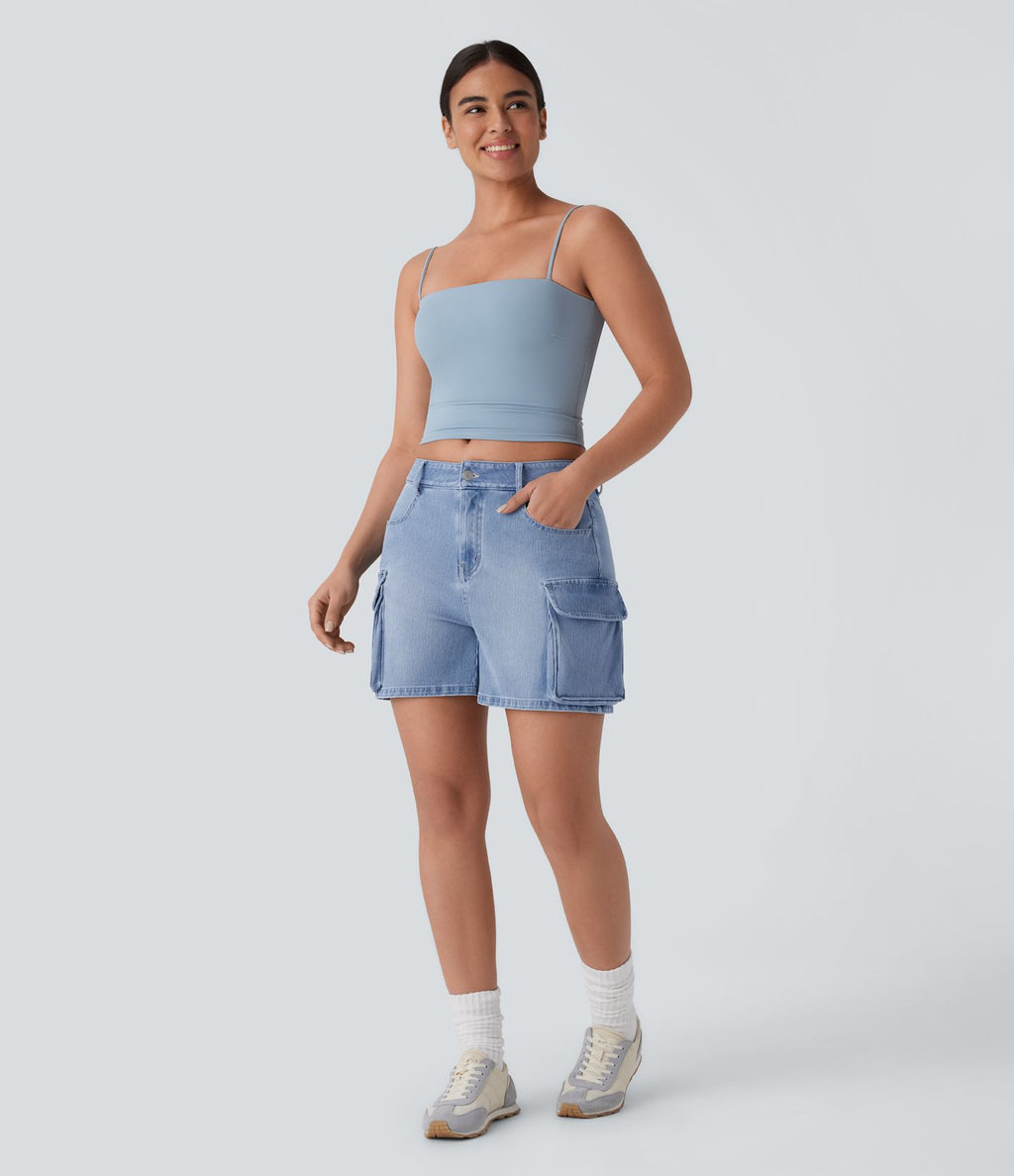 Short cargo décontracté en denim extensible délavé avec poches multiples et taille basse Halara Flex™