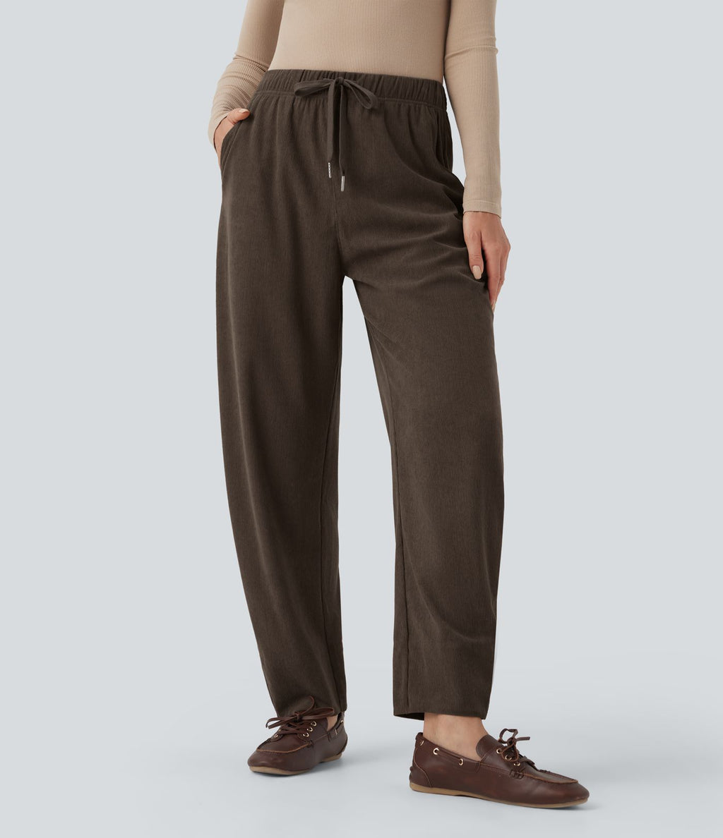 Pantalon taille mi-haute à cordon, jambe tombante en velours côtelé avec poches