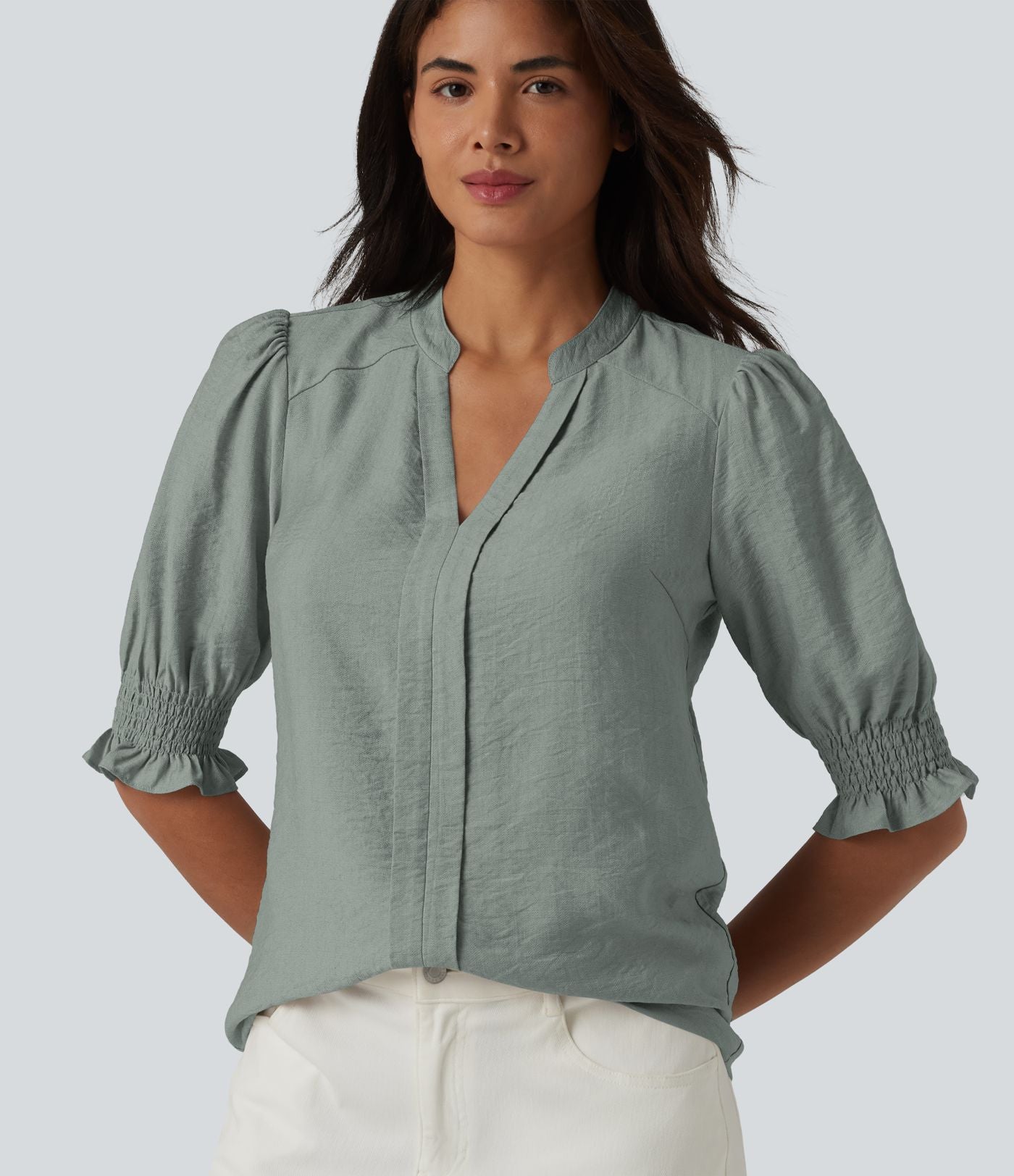 Blouse décontractée à col en V et manches courtes bouffantes