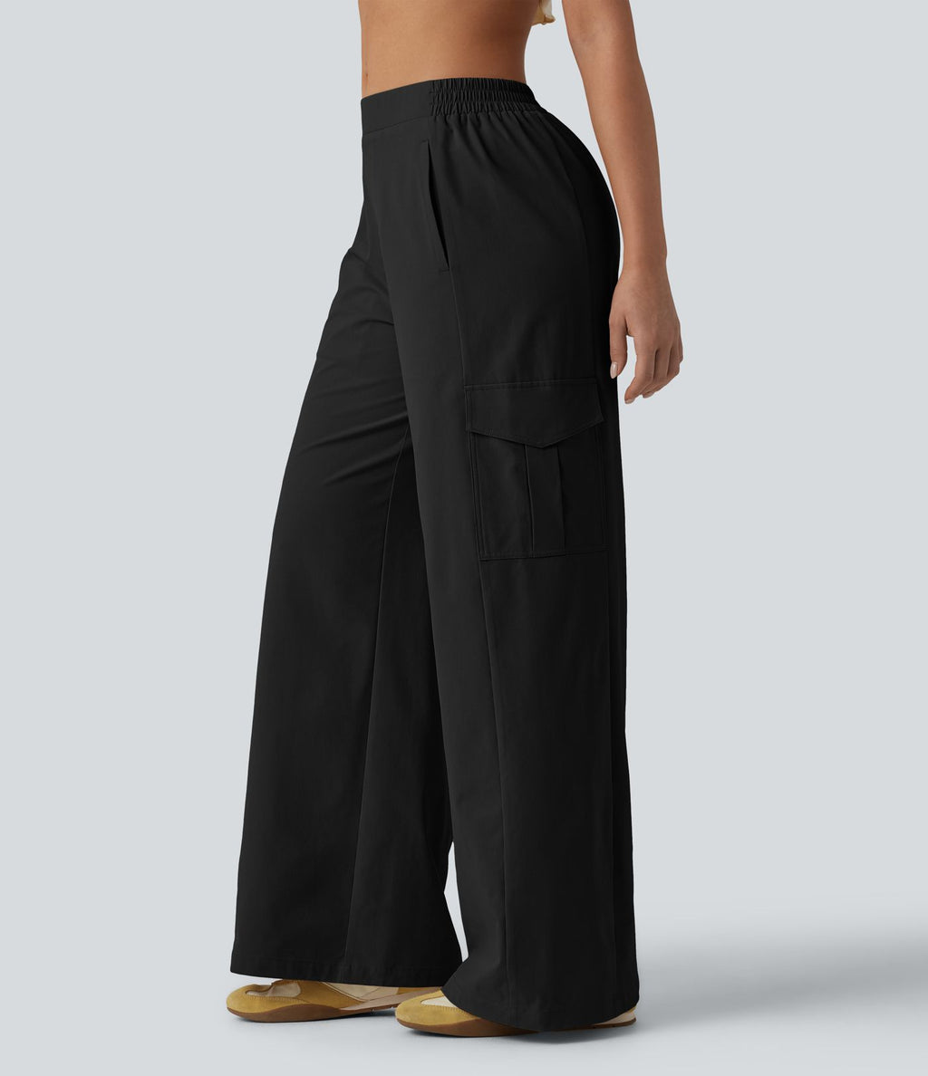 Pantalon cargo décontracté en popeline stretch taille mi-haute, coupe jambe large avec poches