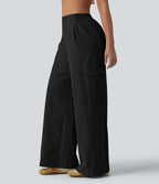 Pantalon cargo décontracté en popeline stretch taille mi-haute, coupe jambe large avec poches