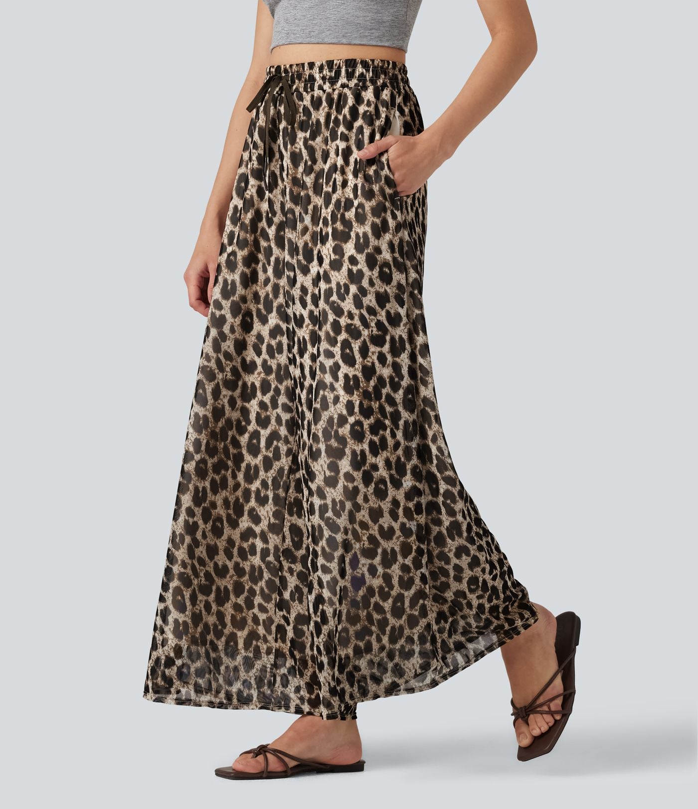 Pantalon léopard décontracté taille haute à cordon de serrage, coupe ample, en maille transparente avec poches