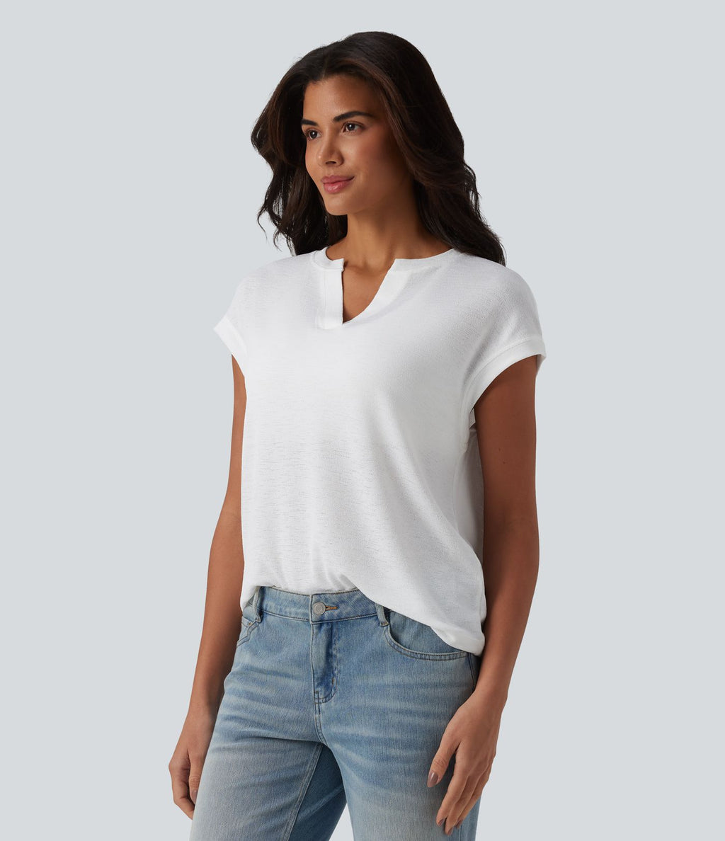 T-shirt décontracté semi-transparent col cranté manches courtes