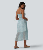 Robe nuisette midi casual fluide en mousseline à imprimé floral, fronces et bretelles réglables avec poches