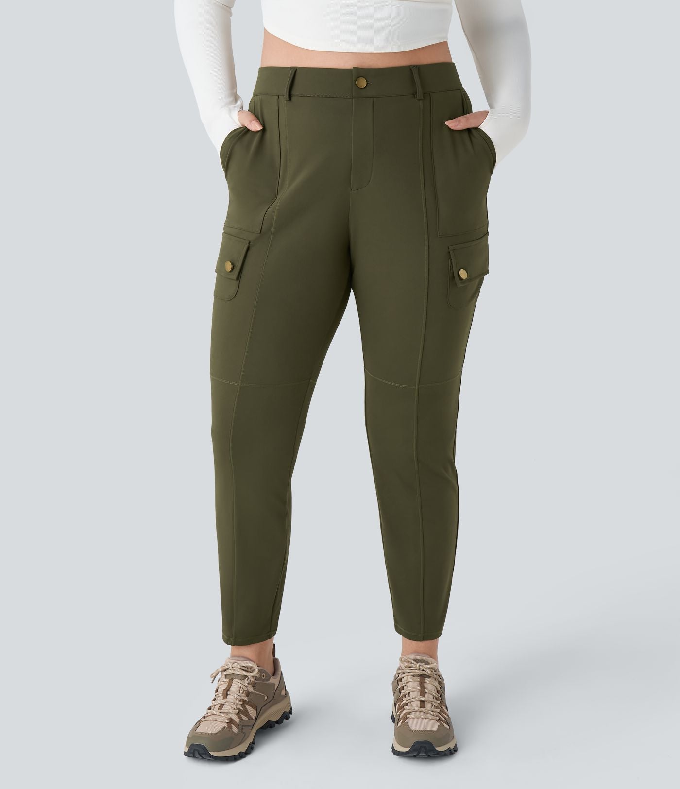 Pantalon cargo randonnée grande taille ajusté uni taille haute DayStretch avec poches zippées