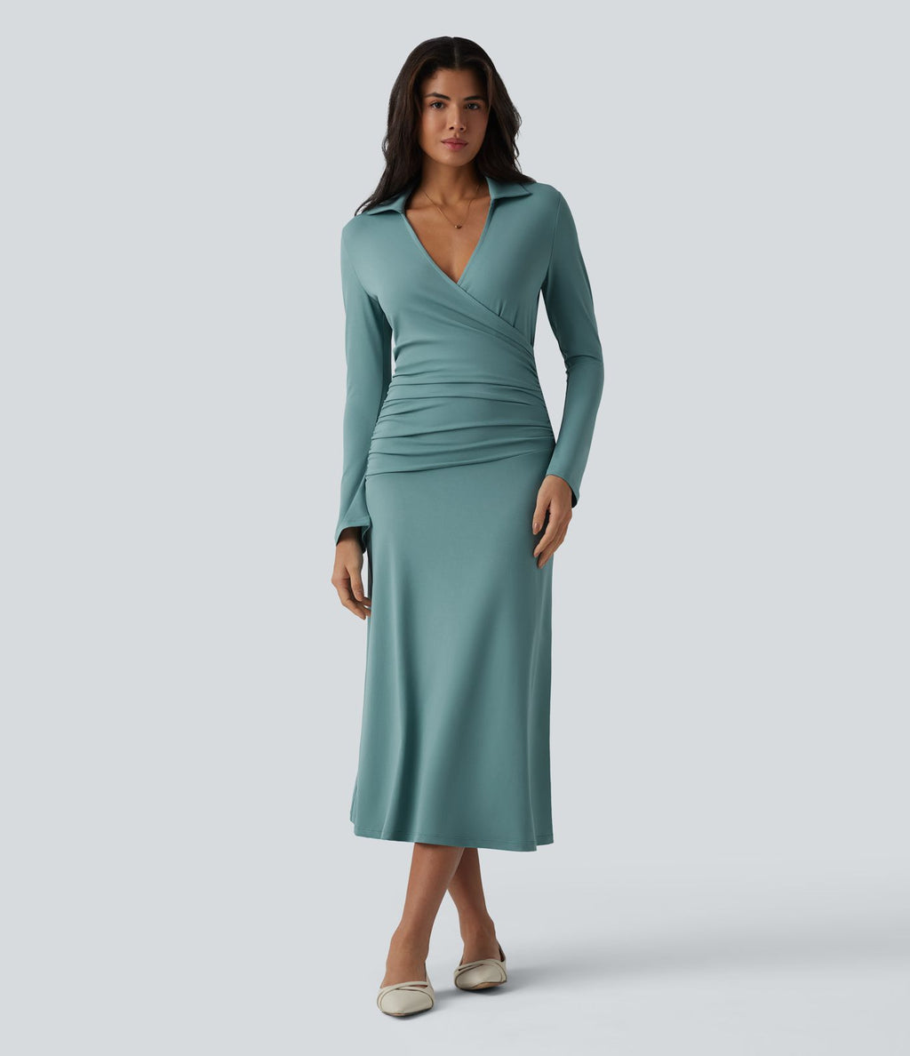 Robe midi décontractée à col en V et manches longues froncées