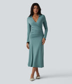 Robe midi décontractée à col en V et manches longues froncées