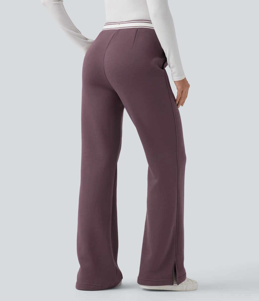 Pantalon jogging évasé molleton coton taille haute avec cordon de serrage, poches, empiècements contrastés et ourlet fend