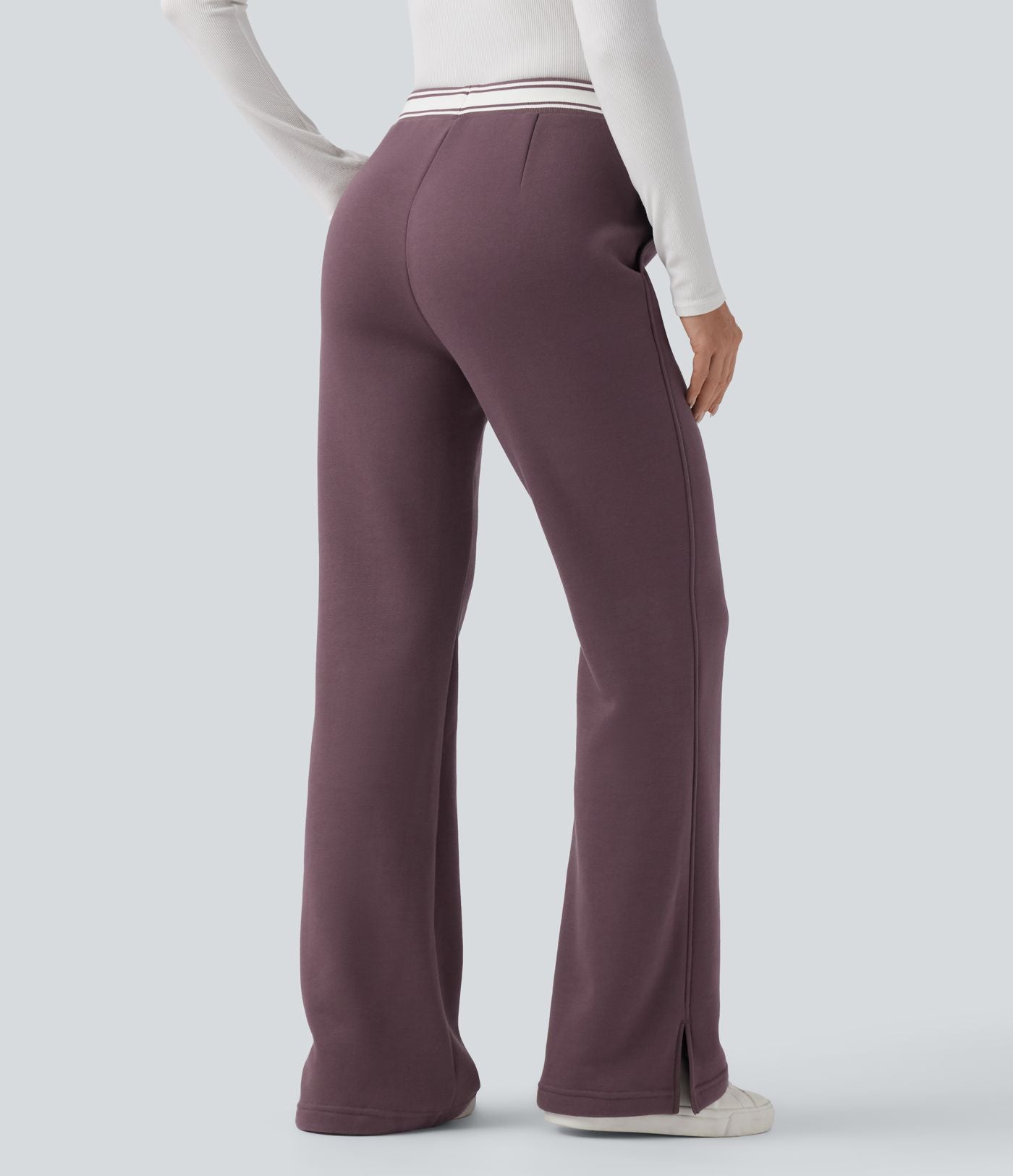 Pantalon jogging évasé molleton coton taille haute avec cordon de serrage, poches, empiècements contrastés et ourlet fend