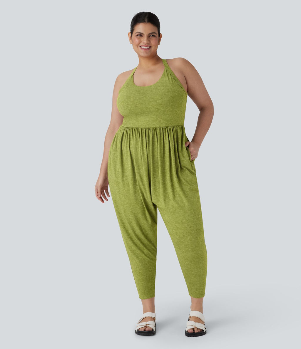 Combinaison sarouel dos nu torsadée grande taille avec poche latérale - Édition facile à enfiler