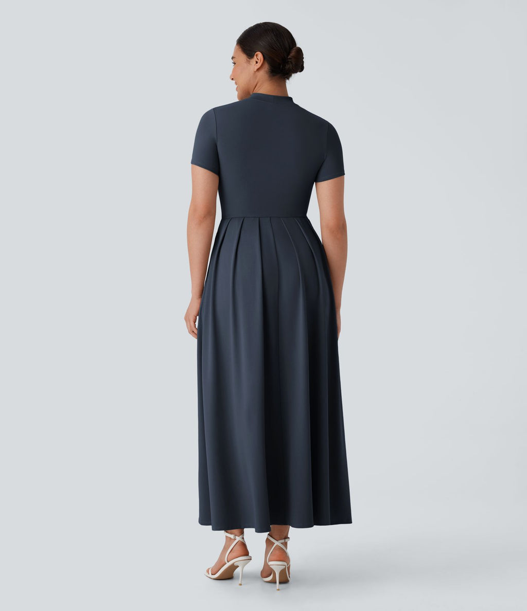 Robe longue décontractée à col montant, manches courtes et poches latérales