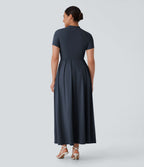 Robe longue décontractée à col montant, manches courtes et poches latérales
