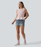 Top casual à rayures col bateau sans manches avec smocks et ourlet à volants