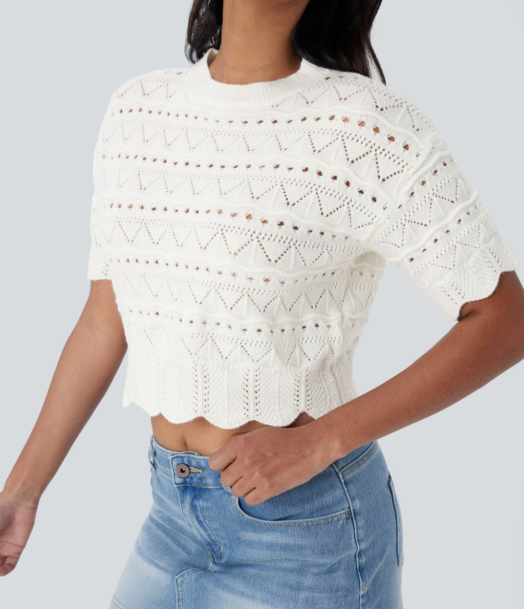 Pull décontracté en maille ajourée à col rond, manches courtes et bordure festonnée