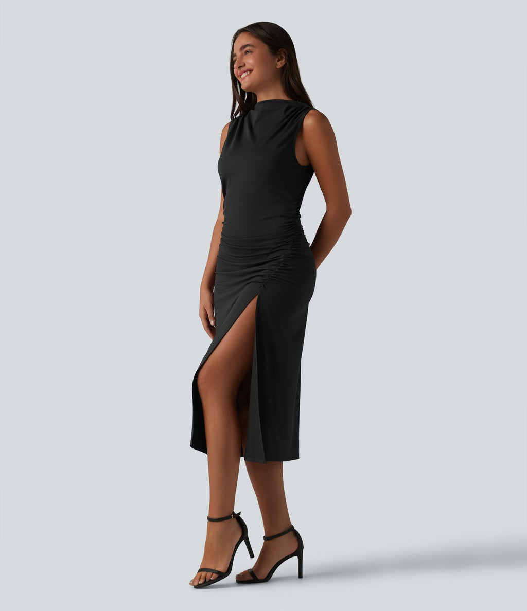 Robe décontractée moulante mi-longue col cheminée sans manches avec fermeture éclair invisible froncée et fente