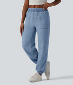Jogging casual denim en lyocell drapé taille mi-haute avec poches