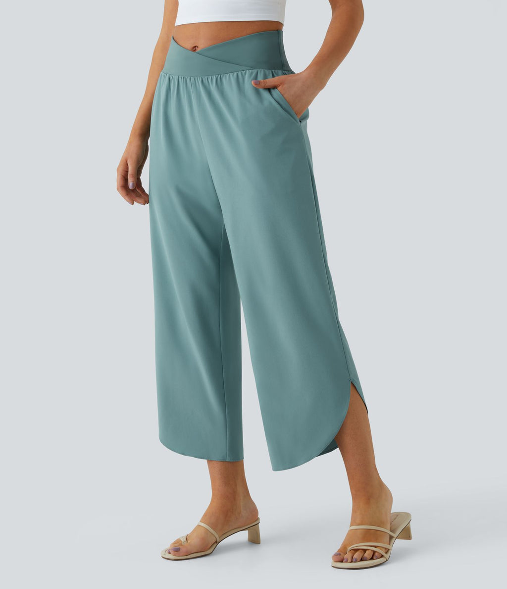 Breezeful™ Pantalon Fluide Vacances Séchage Rapide Taille Haute Croisée Poches Latérales Plissées Fente