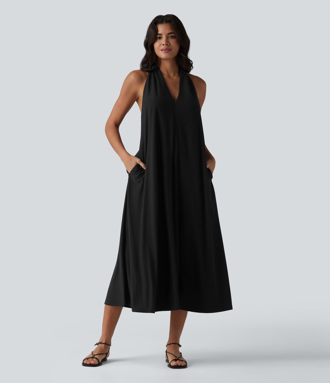 Robe midi décontractée col V avec poches
