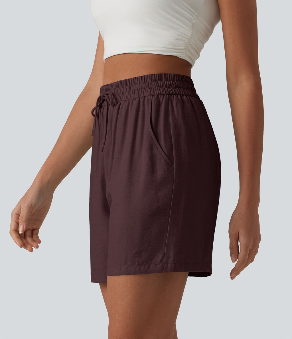 Short décontracté ample en lin mélangé taille haute avec cordon de serrage, 12,5 cm, et poches