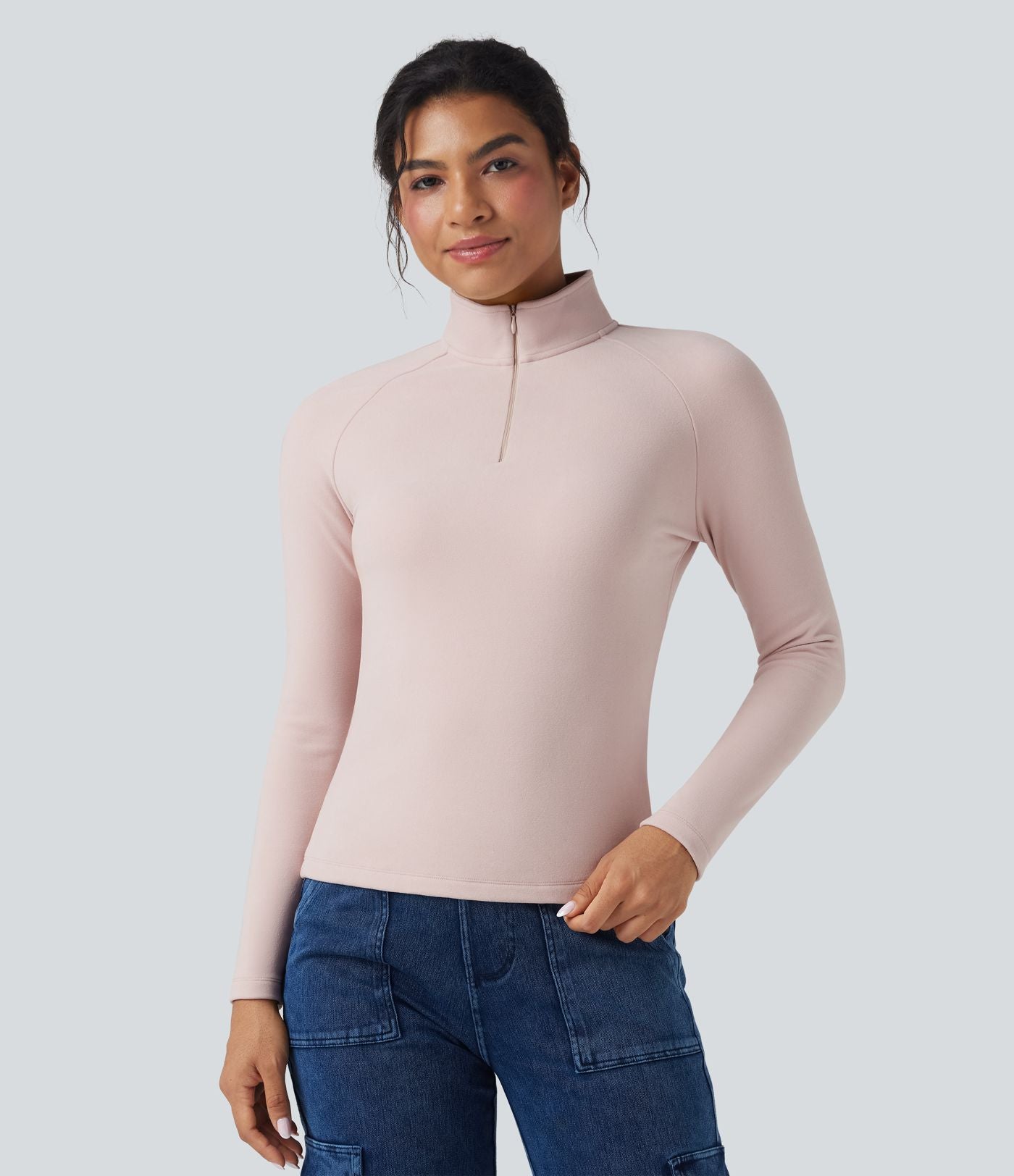 Top casual en molleton zippé mi-hauteur à manches longues