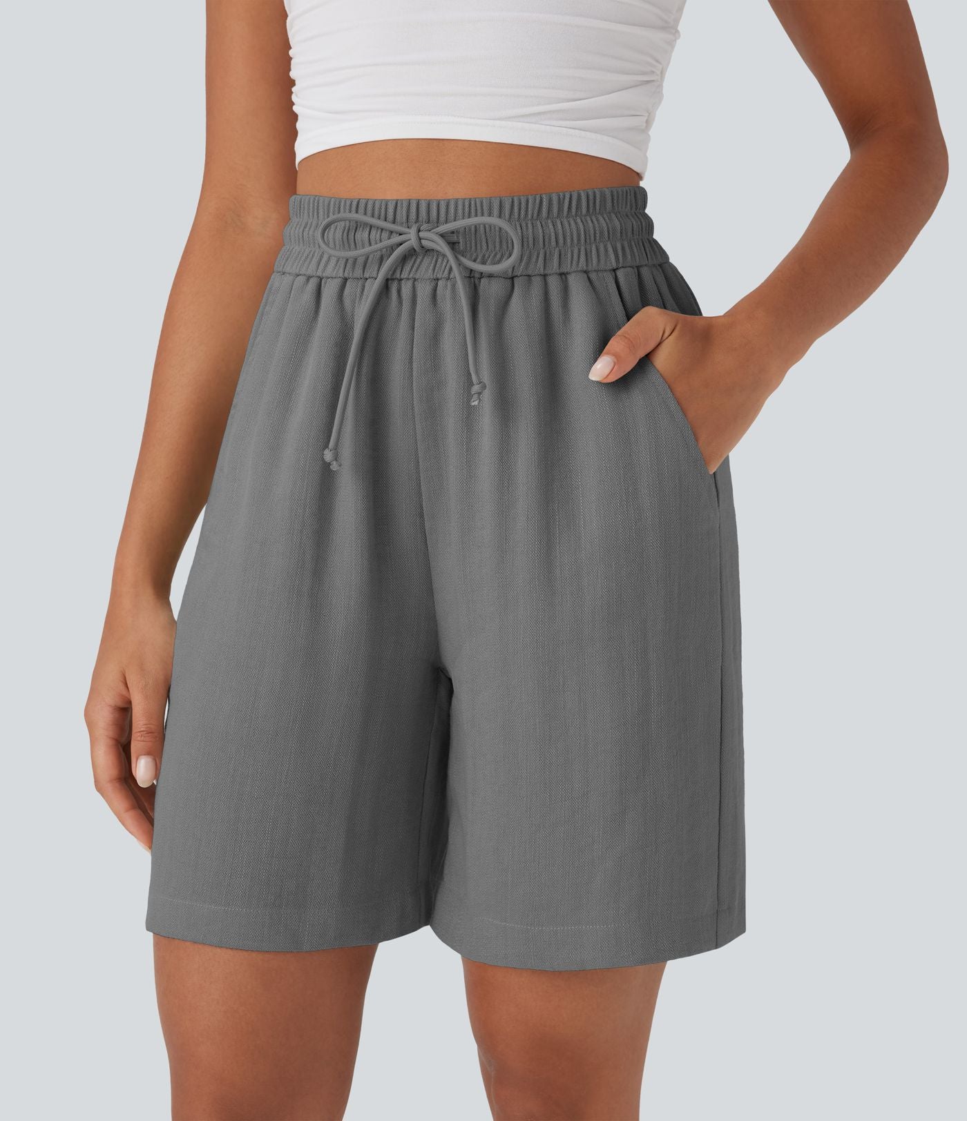 Short décontracté effet lin taille haute avec cordon de serrage et poches latérales
