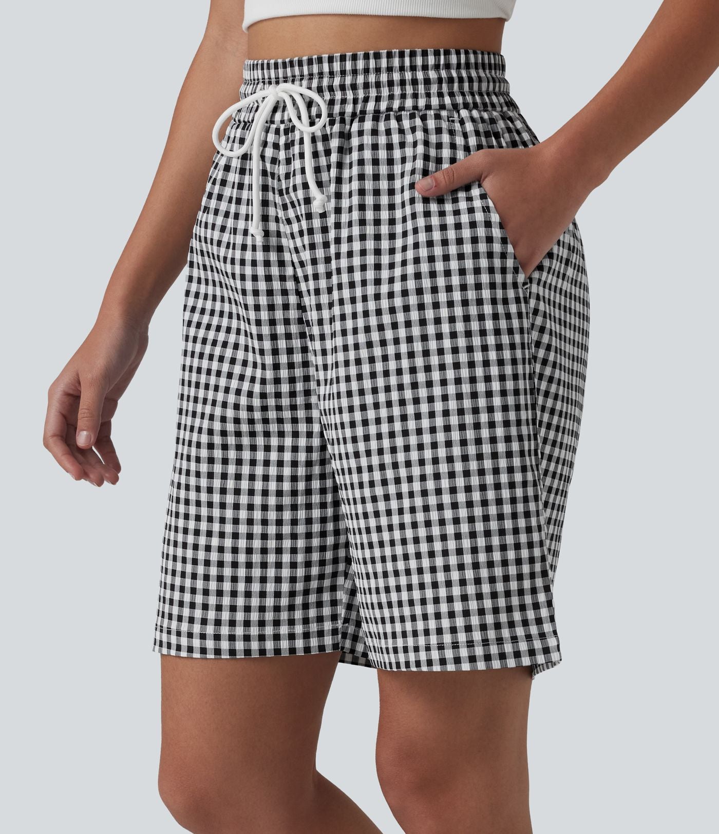 Short ample taille haute à carreaux vichy avec cordon de serrage et poches