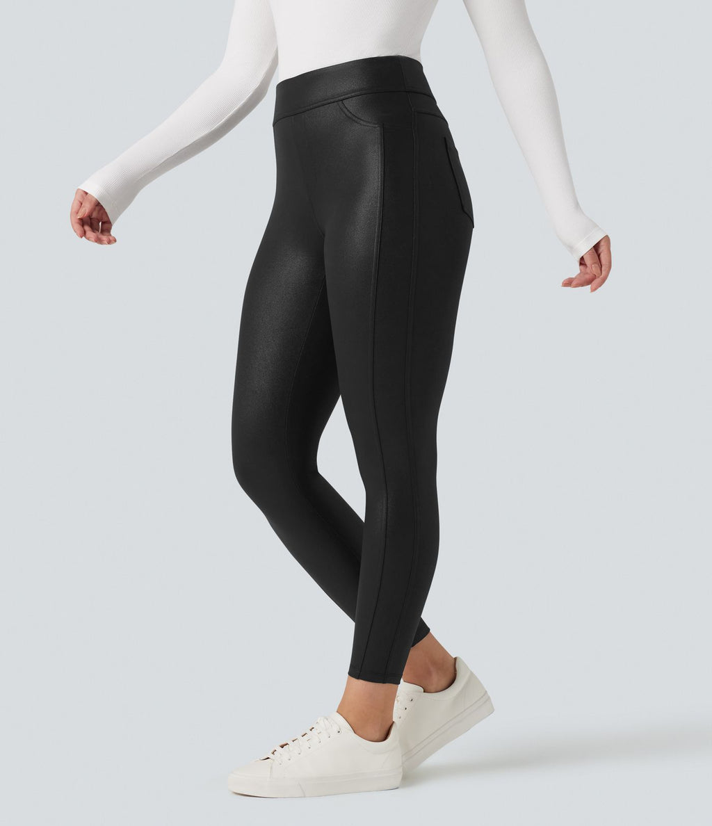 Legging décontracté taille haute en tissu enduit brillant avec poches