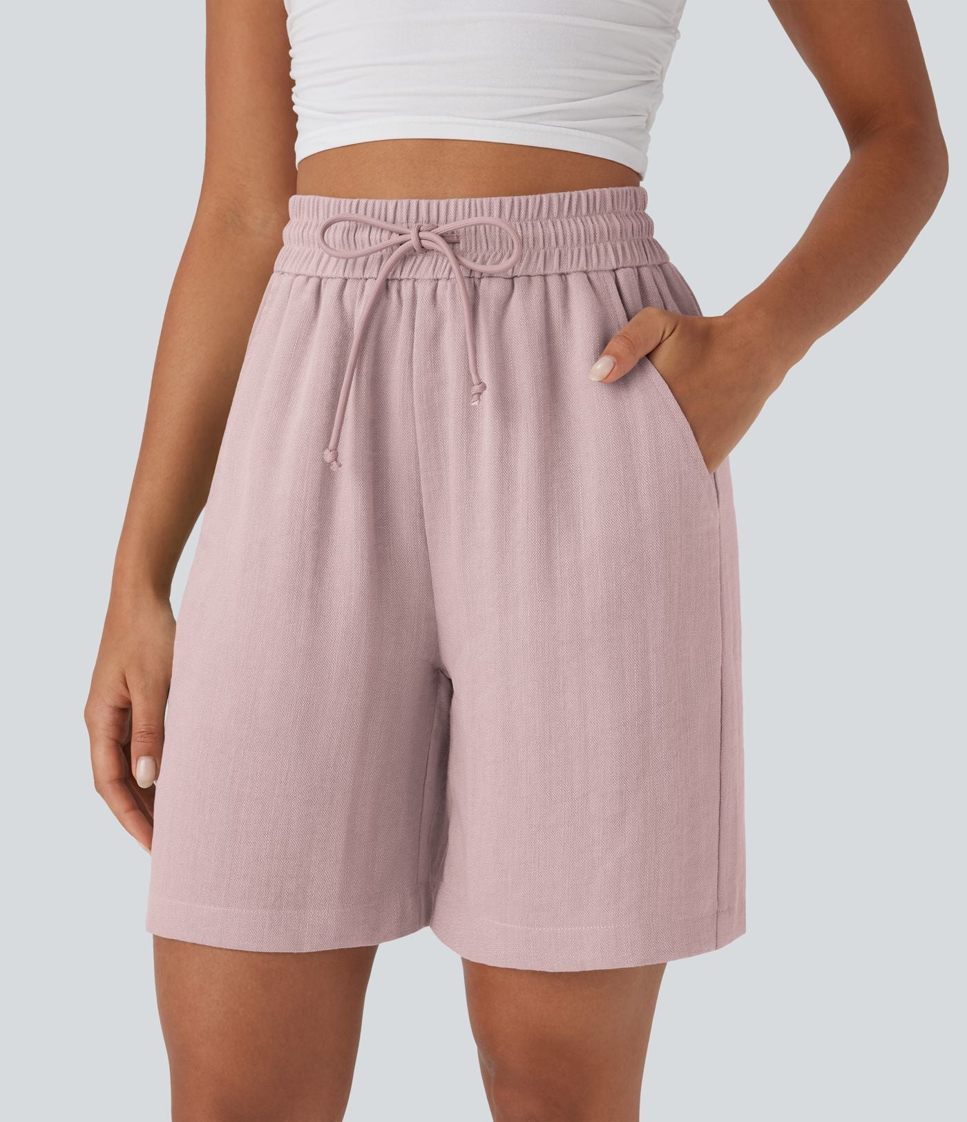 Short décontracté effet lin taille haute avec cordon de serrage et poches latérales