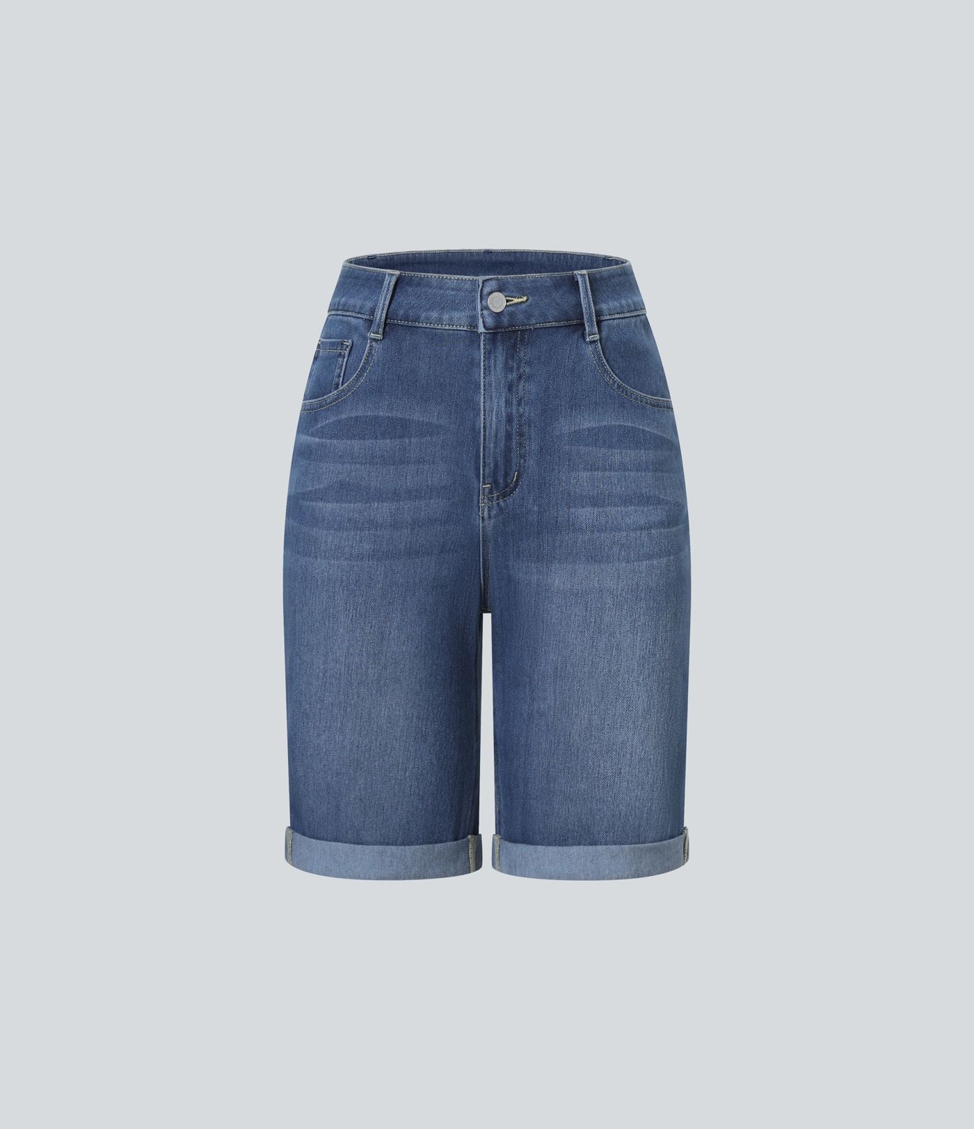 Bermuda décontracté en jean extensible délavé Halara Flex™ taille haute avec revers et multiples poches