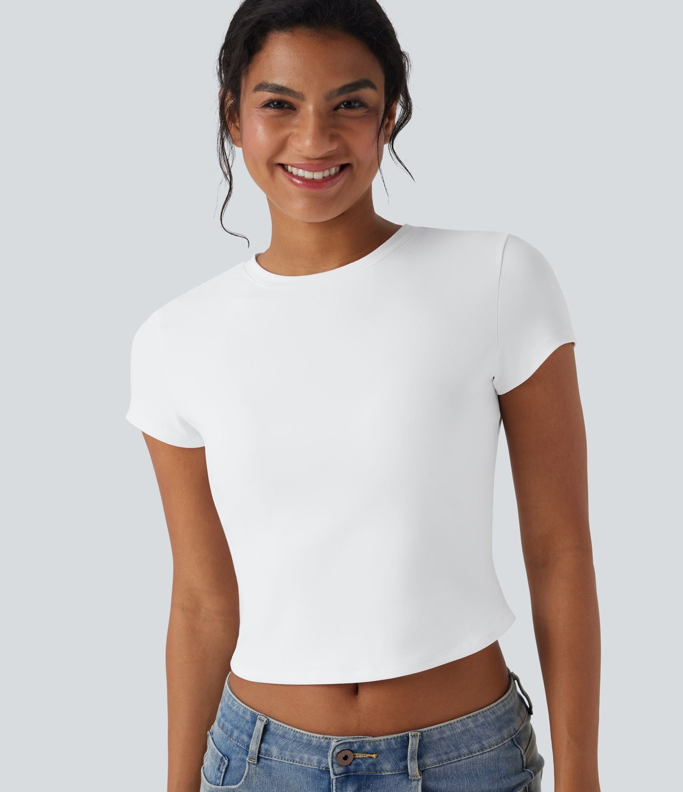T-shirt baby tee décontracté court ajusté col rond