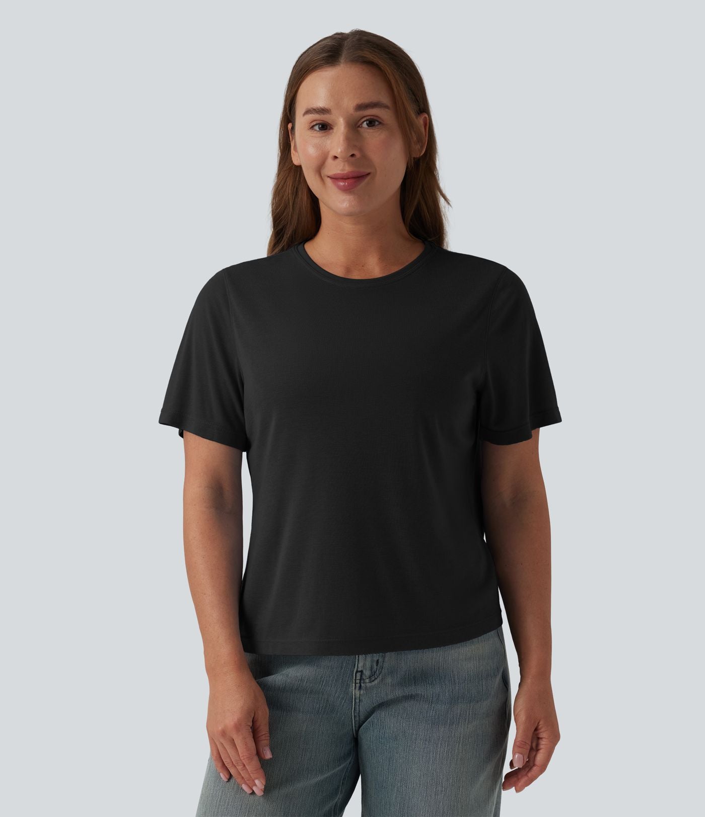 T-shirt décontracté ample à col rond et manches courtes en laine mélangée