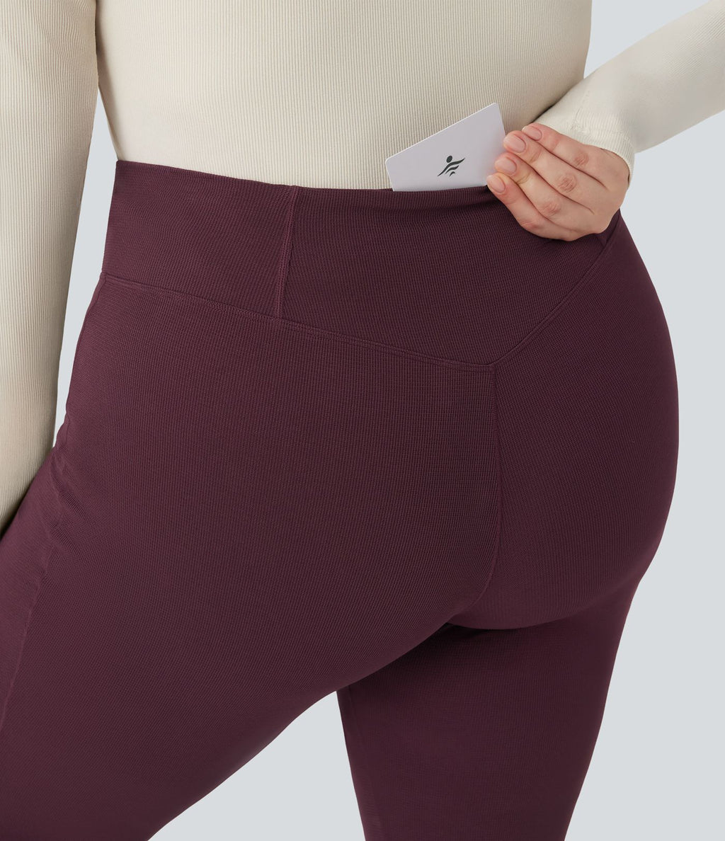 Pantalon décontracté grande taille croisé, évasé en maille gaufrée, taille haute, avec poches