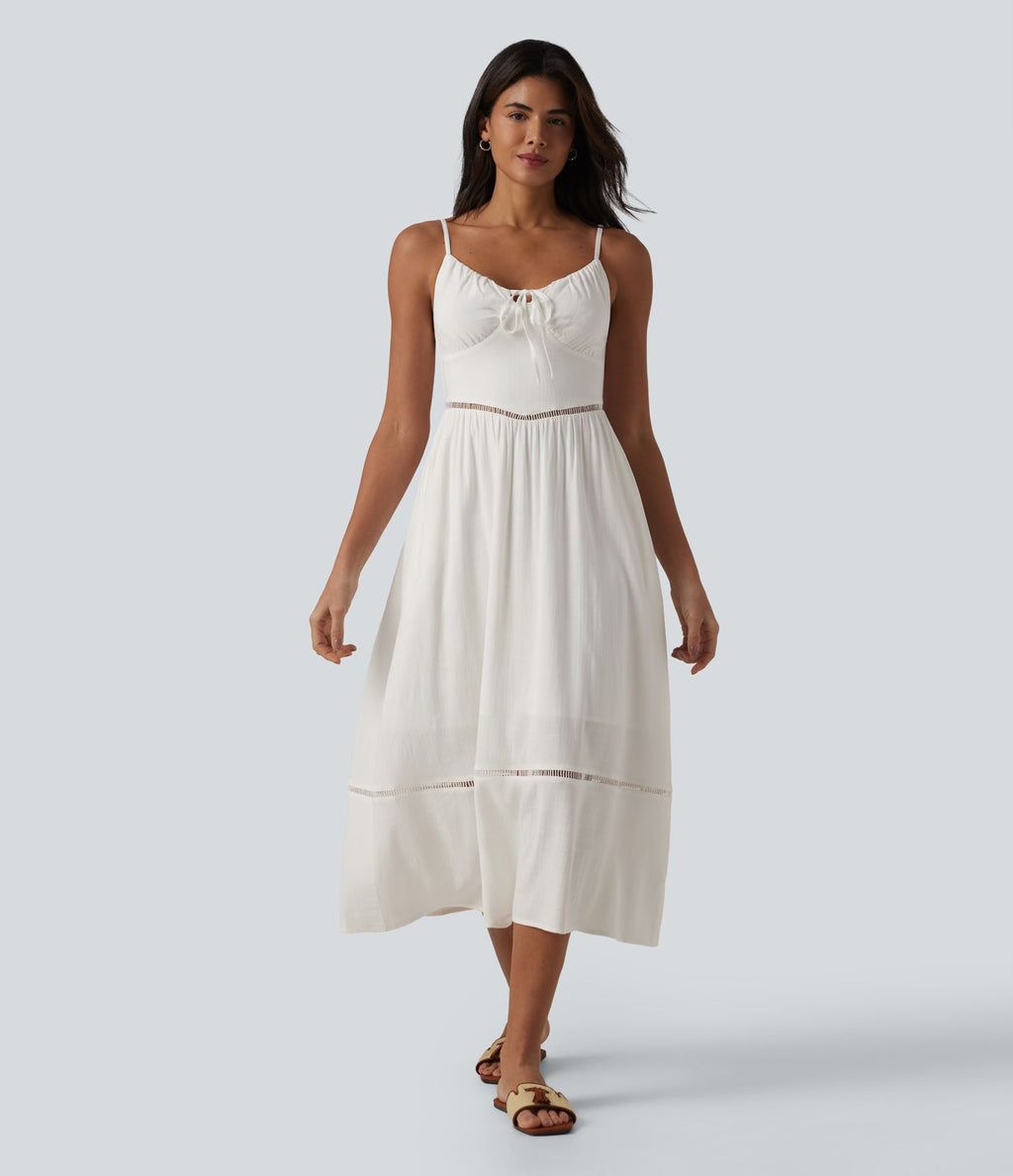 Robe nuisette midi aspect lin avec nœud devant, découpes et poches