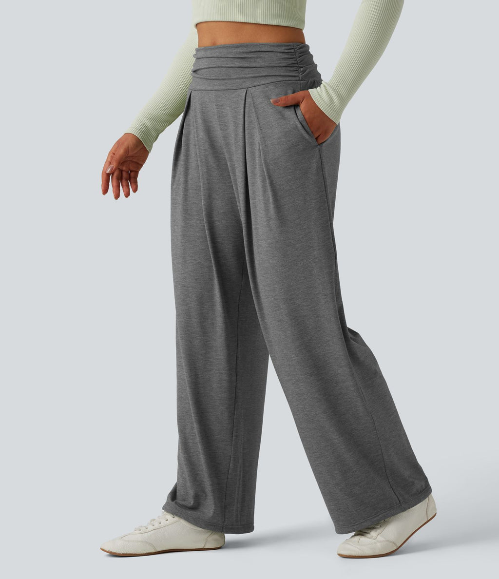 Pantalon de yoga chiné froncé taille haute avec poches