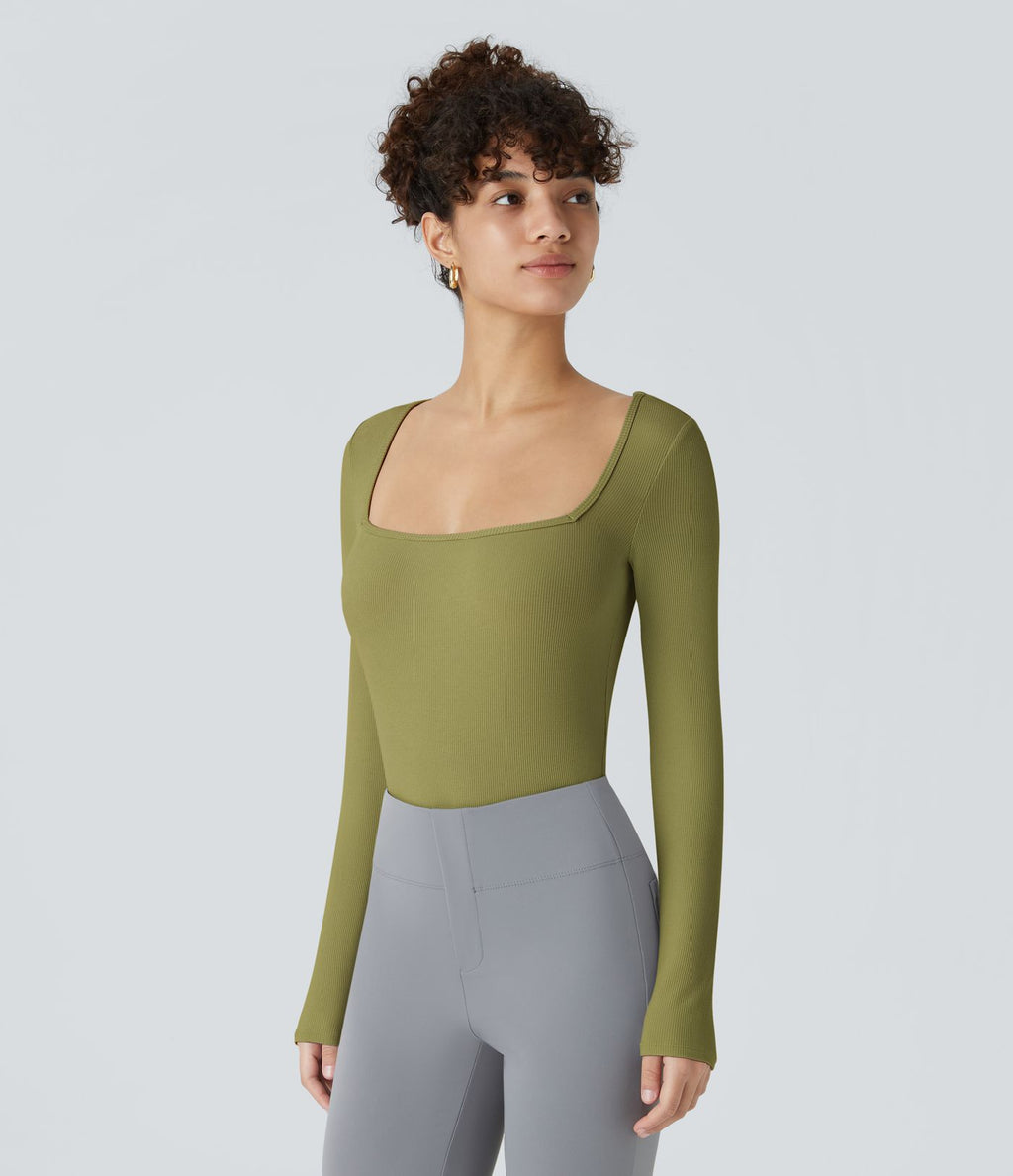 Bodysuit de Travail Tricot Côtelé Col Carré Manches Longues Boutonné Silhouette Élancée