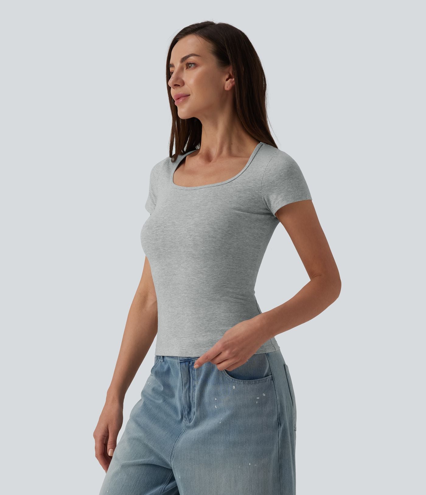T-shirt Halara décontracté en jersey de coton, col carré, manches courtes, coupe ultra-ajustée effet chiné