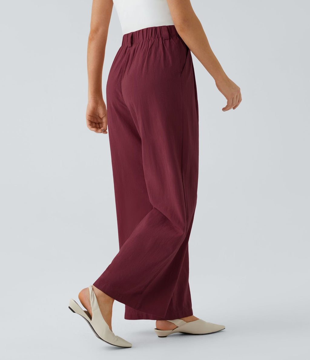 Pantalon Fluide Large Taille Haute Poches Latérales Palazzo Solide Casual Linen-Feel
