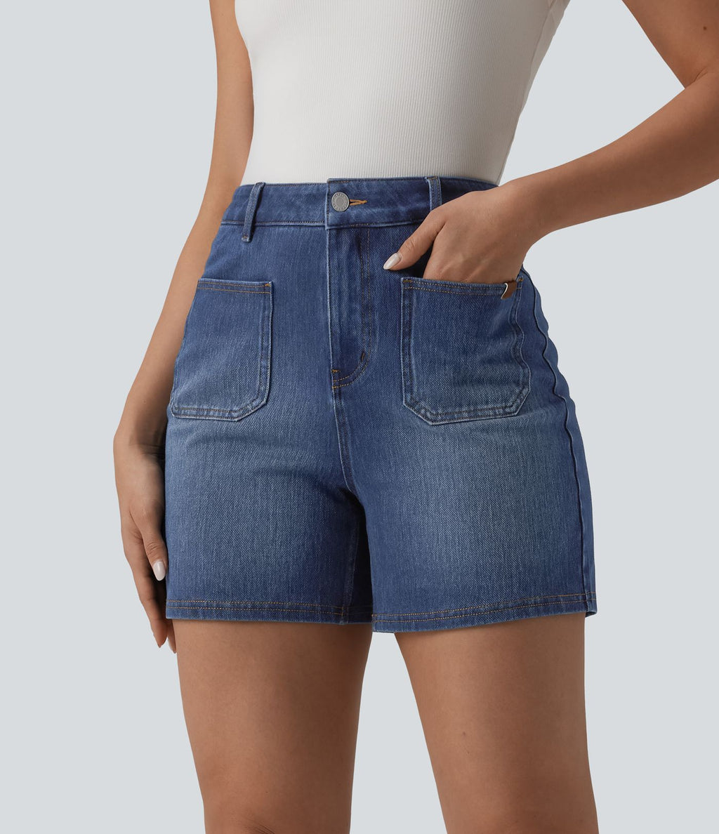 Short denim décontracté Halara Flex™ délavé taille haute 10 cm avec poches