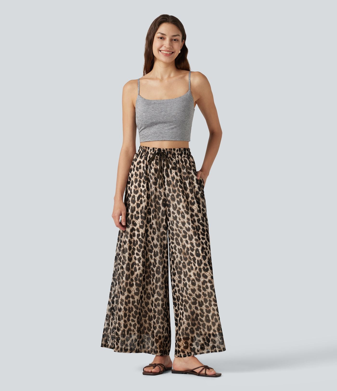 Pantalon léopard décontracté taille haute à cordon de serrage, coupe ample, en maille transparente avec poches