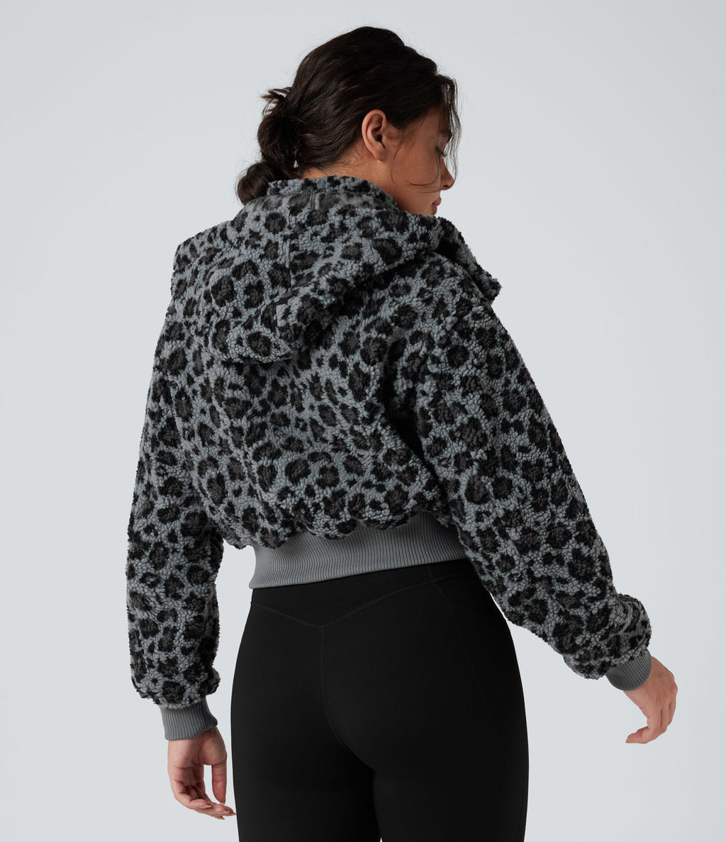 Veste sherpa imprimée léopard capuche amovible avec poches