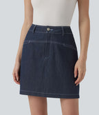 Jupe mini évasée casual 2-en-1 aspect denim taille haute avec poches