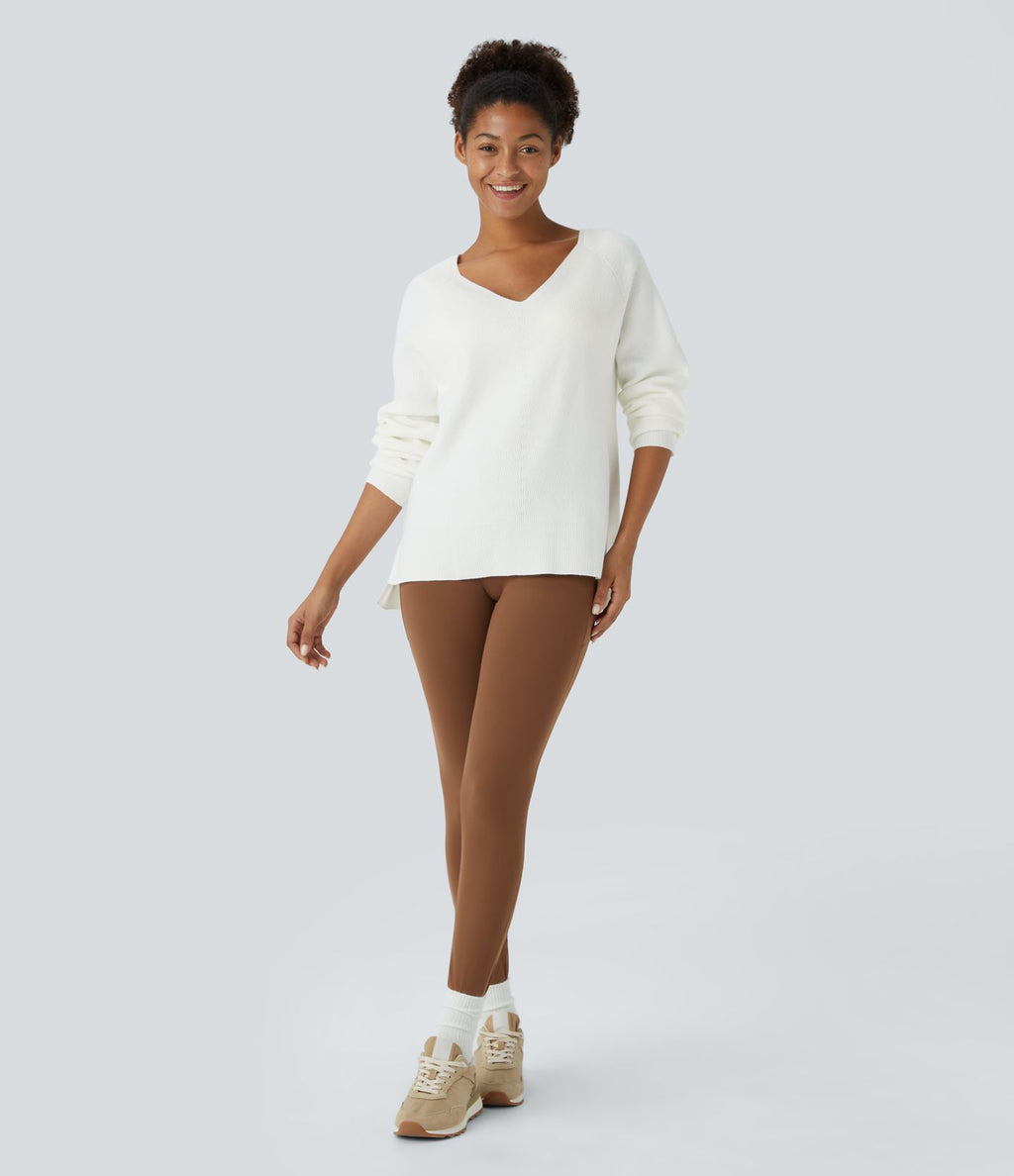Pull décontracté fendu à col en V et manches longues