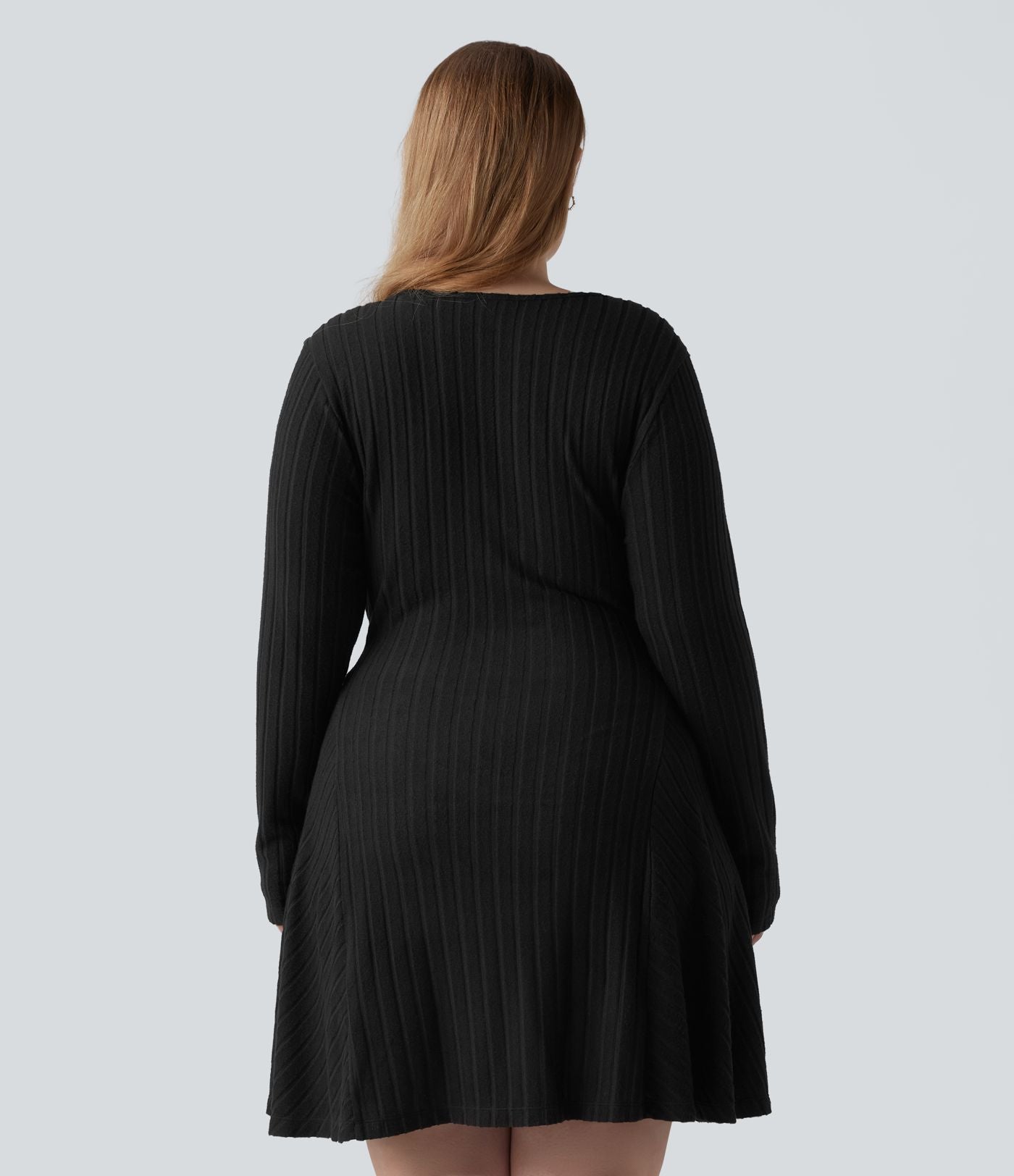 Robe mini évasée grande taille col V en maille côtelée à manches longues