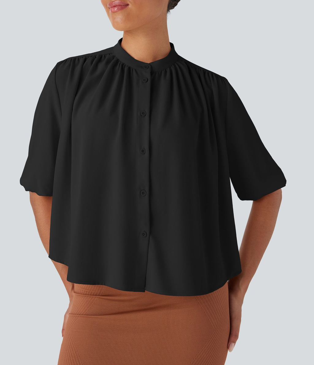 Blouse aspect lin col rond, manches mi-longues, boutonnée avec ourlet arrondi pour la détente