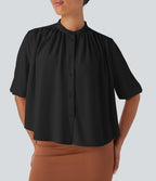 Blouse aspect lin col rond, manches mi-longues, boutonnée avec ourlet arrondi pour la détente