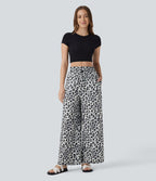 Pantalon large et fluide à imprimé léopard, taille haute avec cordon de serrage et poches latérales