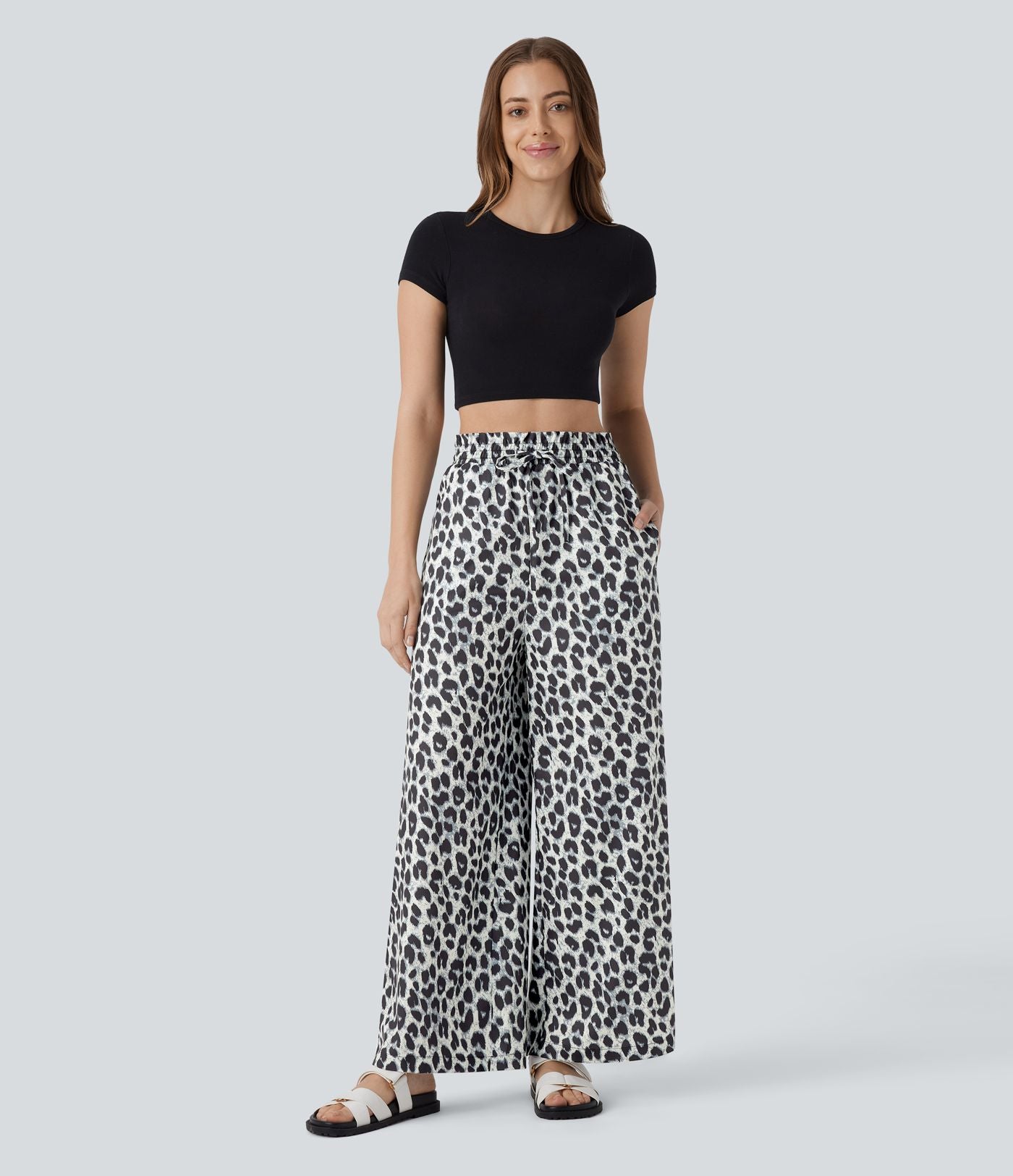 Pantalon large et fluide à imprimé léopard, taille haute avec cordon de serrage et poches latérales