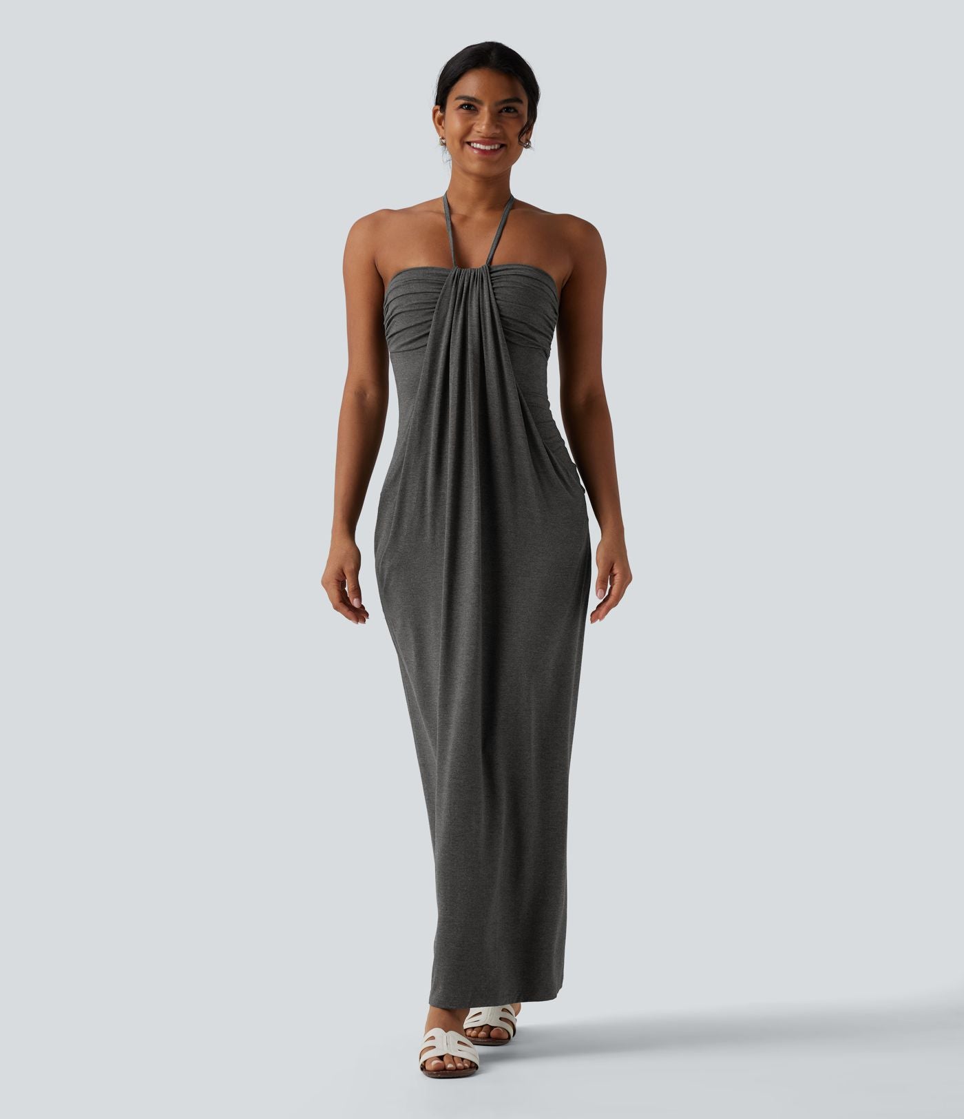 Robe longue dos nu col licou avec nœud et poches